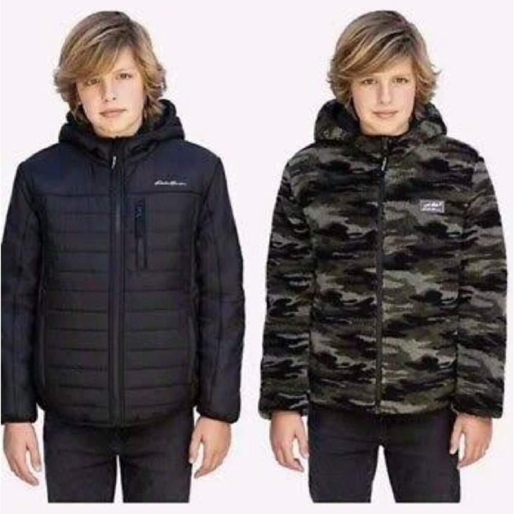 EDDIE BAUER Kids Boys Reversible Hooded Puffer Jacket Black Green Camo Fleece XL